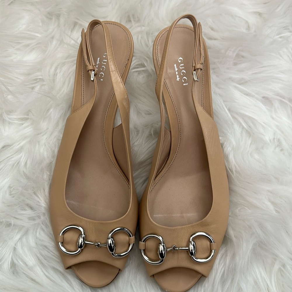 Gucci Tan Leather Horsebit Slingback Peep-Toe Heels